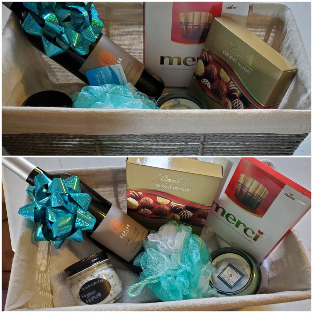 Gift basket with Wine, chocolates, loofa, candle and sugar scrub